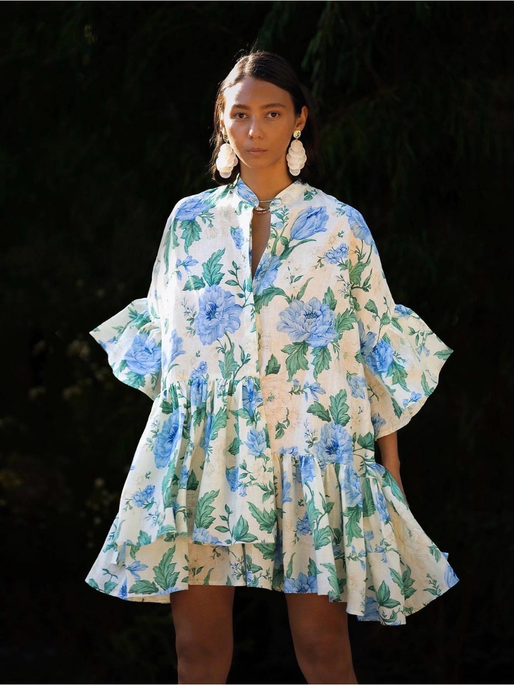 Morton Mac The Tilda Floral Ruffle Tunic Dress Linen Lightweight Asymmetrical